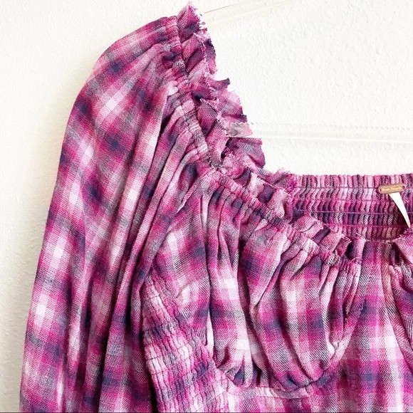 Free People Cherry Bomb Plaid Top Balloon Sleeve - Picture 5 of 10